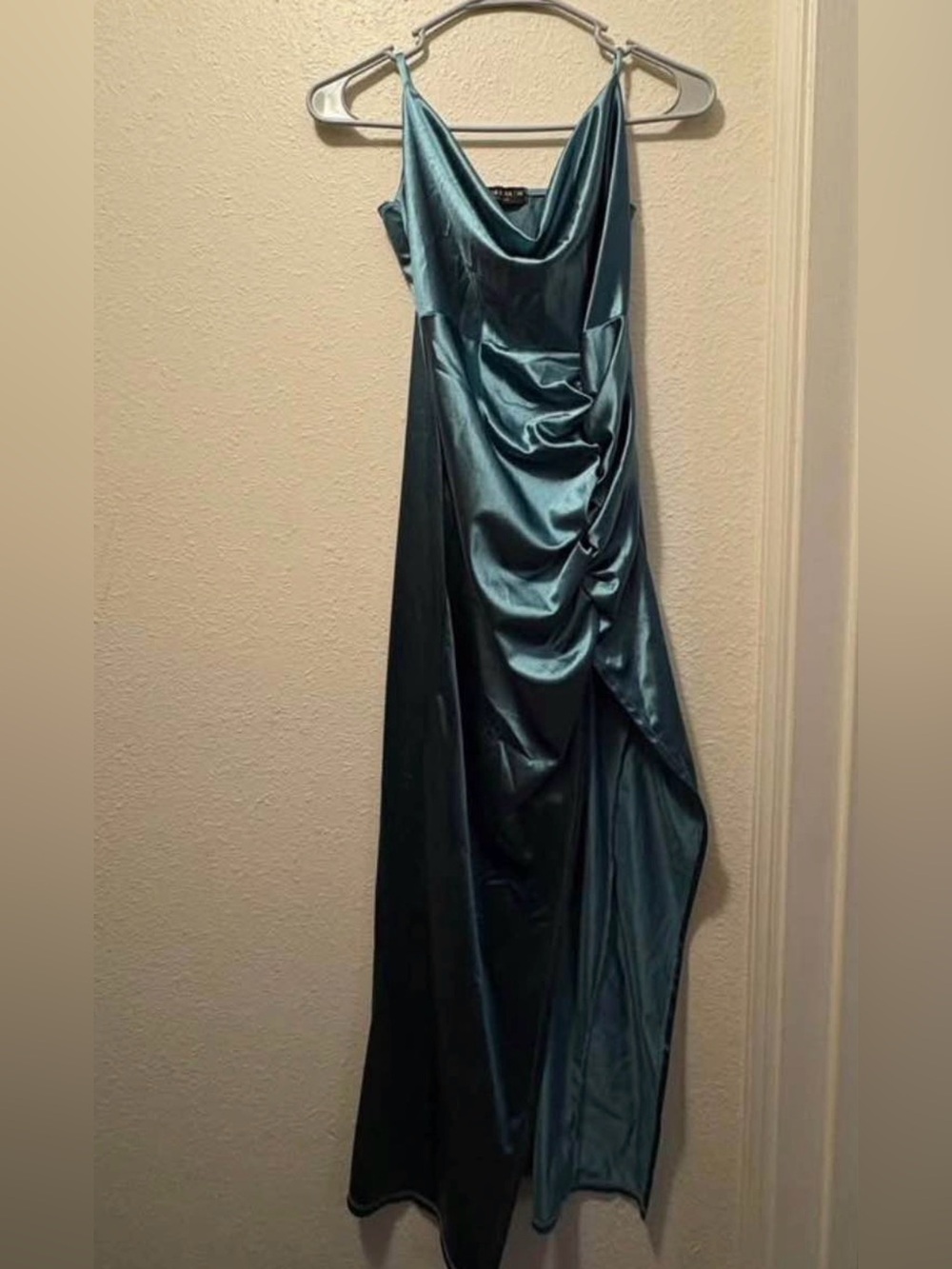 Satin Cowl Neck Teal Maxi Dress with Side Ruching
